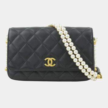 Chanel Shoulder Wallet Purse Lambskin Faux Pearl Black Gold