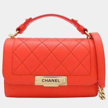 Pre Owned Chanel Click Orange Calf Leather Chain Shoulder Bag