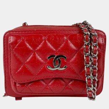 Chanel Shoulder Bag Leather Red Silver