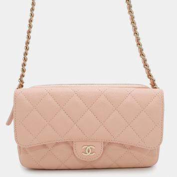 Chanel Matelasse Chain Wallet Flap Phone Case Light Pink Caviar Leather