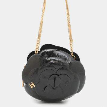 Chanel Camellia Evening Chainshoulder Bag Black Shiny Aged Calf Leather