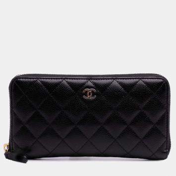 Chanel Black CC Quilted Caviar Zip Around Long Wallet