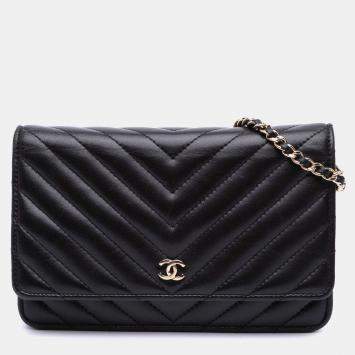 Chanel Black CC Chevron Lambskin Wallet On Chain
