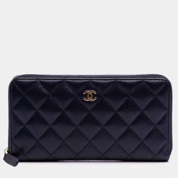 Chanel Blue CC Quilted Caviar Zip Around Long Wallet