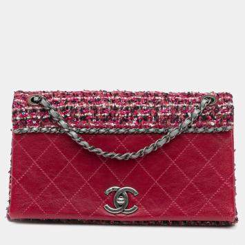 Pre Owned Chanel Red CC Lambskin and Tweed Flap Shoulder Bag
