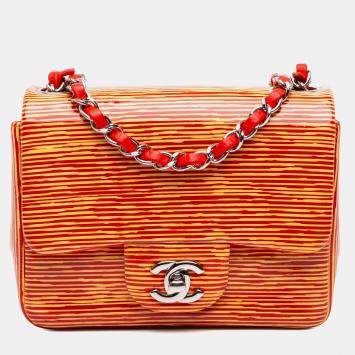 Pre Owned Chanel Orange Mini Square Classic Patent Striped Single Flap Bag
