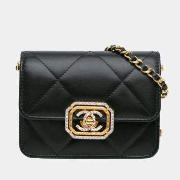 Chanel Black Quilted Calfskin Strass Card Holder On Chain