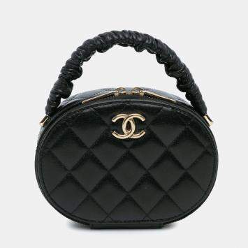 Chanel Black CC Quilted Lambskin Oval Top Handle Clutch
