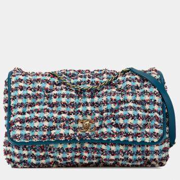Pre Owned Chanel Blue Maxi Tweed Chesterfield Single Flap