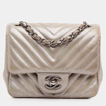 Pre Owned Chanel Brown Mini Square Classic Chevron Iridescent Lambskin Single Flap Bag