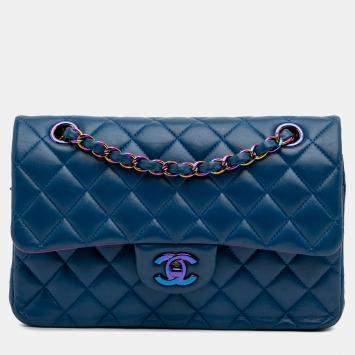 Pre Owned Chanel Blue Small Classic Lambskin Rainbow Double Flap