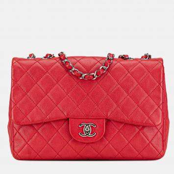 Chanel Red Jumbo Classic Caviar Single Flap