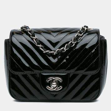 Chanel Black Mini Square Classic Chevron Patent Flap