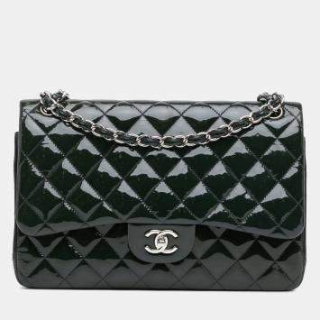 Pre Owned Chanel Blue Jumbo Classic Patent Double Flap