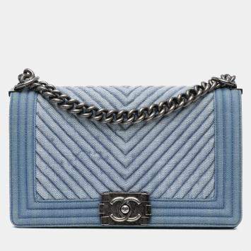 Chanel Blue Old Medium Chevron Denim Boy Flap