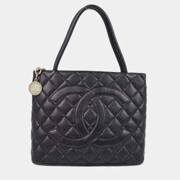 Pre Owned Chanel Black Calfskin Medallion Tote Handbag