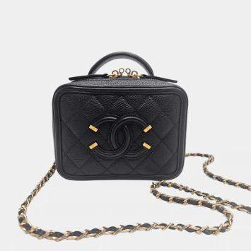Chanel CC Filigree Small Black Quilted Caviar Leather Vanity Case Bag