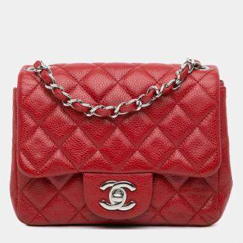 Chanel Red Mini Square Classic Caviar Single Flap Bag