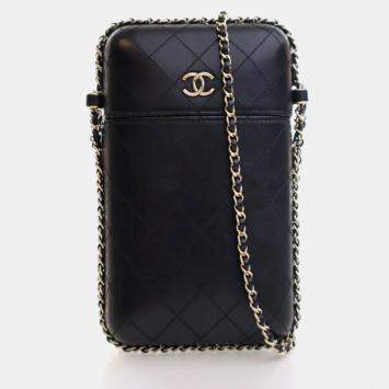 Pre Owned Chanel Phone Holder Black Lambskin Chain Around Shoulder Bag