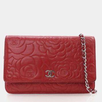 Pre Owned Chanel Camellia Embossed Red Lambskin Wallet On Chain 