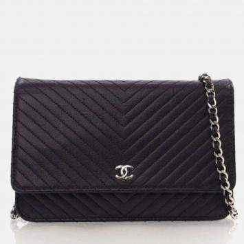 Pre Owned Chanel Black Caviar Chevron Wallet On Chain 
