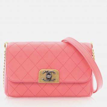 Pre Owned Chanel Straight Lines Flap Pink Calfskin Shoulder Bag
