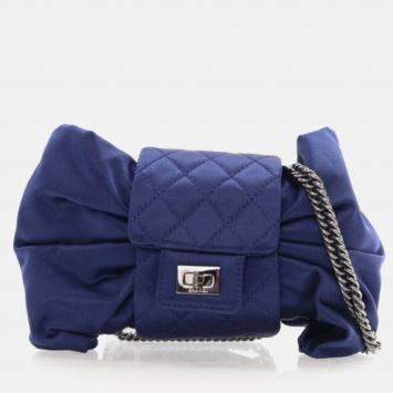 Pre Owned Chanel Evening Bow Vintage Navy Blue Satin Clutch Bag