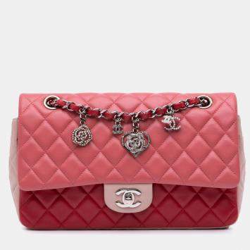 Pre Owned Chanel Pink Medium Classic Tricolor Lambskin Valentines Heart Charms Single Flap