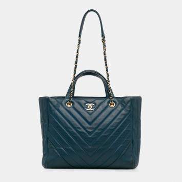 Chanel Blue CC Chevron Calfskin Statement Shopping Tote