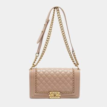 Pre Owned Chanel Pink Quilted Aged Leather Chain Around Medium Boy Flap Bag