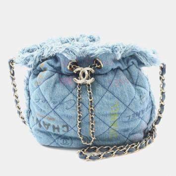 Chanel Matelasse Small Bucket Crossbody Chain Shoulder Bag Denim Blue Ghw