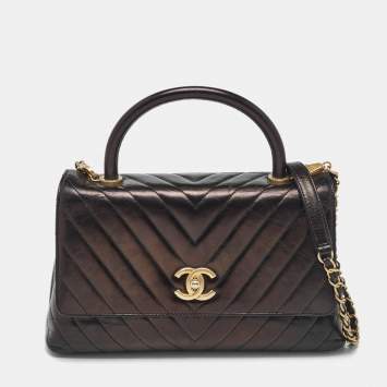 Pre Owned Chanel Black Chevron Leather Small Coco Top Handle Bag