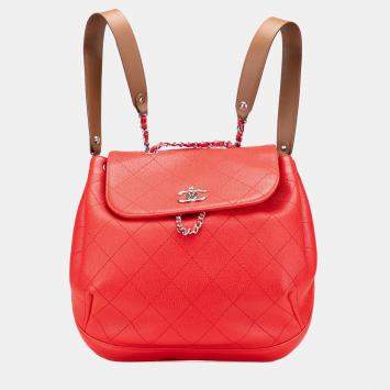 Chanel Red CC Quilted Caviar Drawstring Backpack