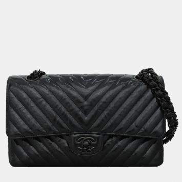 Pre Owned Chanel Patent Leather Chevron Medium Double Flap Bag