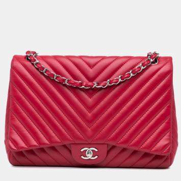 Pre Owned Chanel Pink Maxi Classic Chevron Lambskin Single Flap