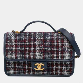 Chanel Navy Blue Small Tweed School Memory Top Handle Flap