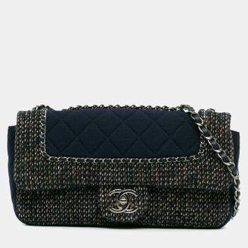 Chanel Navy Blue Small Jersey Tweed Flap