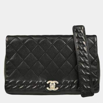 Chanel Black Embossed Calfskin Turnlock Small Full Flap Shoulder Bag