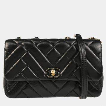 Chanel Black Lambskin Bias Stitch Straight Flap Shoulder Bag