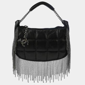Chanel Black Lambskin Choco Bar Fringe Handbag