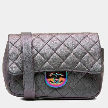 Pre Owned Chanel Purple Small Iridescent Goatskin Double Carry Waist Chain Flap