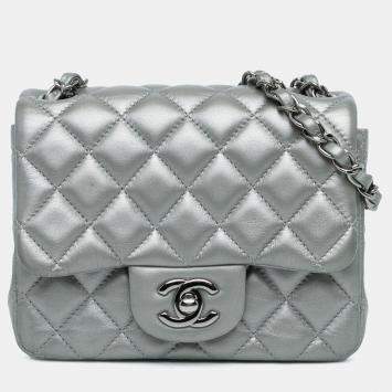 Pre Owned Chanel Silver Mini Square Classic Calfskin Single Flap