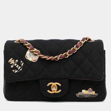 Pre Owned Chanel Black Paris Hamburg Mini Rectangular Classic Wool Coco Sailor Charms Double Flap