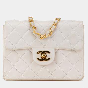 Pre Owned Chanel White Mini Square Classic Lambskin Single Flap