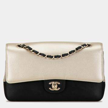 Chanel Silver Medium Classic Bicolor Caviar Double Flap