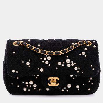 Chanel Black Small Tweed Pearl Cosmos Flap Bag
