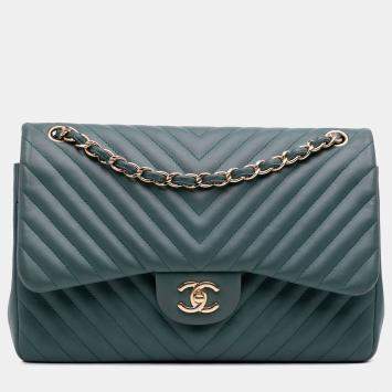 Chanel Green Jumbo Classic Chevron Lambskin Double Flap