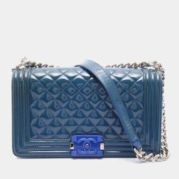 Chanel Blue Old Medium Quilted Patent Acrylic Boy Flap