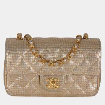 Chanel Gold Metallic Lambskin Perforated Mini Rectangular Flap Bag