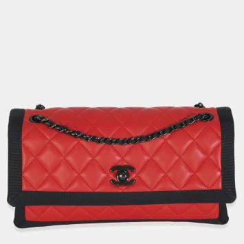 Chanel Vintage Black Red Quilted Lambskin Two Tone Flap Bag